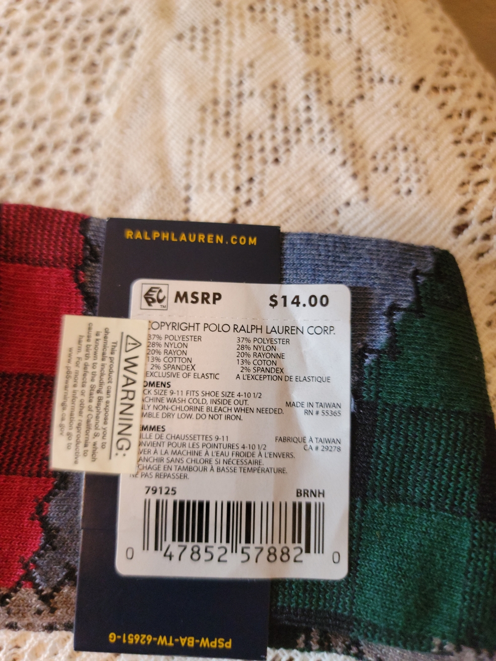 Polo by Ralph Lauren Gray Argyle Pattern Crew Socks with Green and Red Accents - Picture 3 of 3